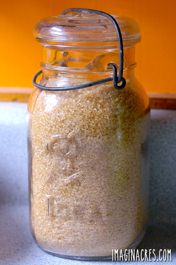 homemade brown sugar in an antique ball jar for storing