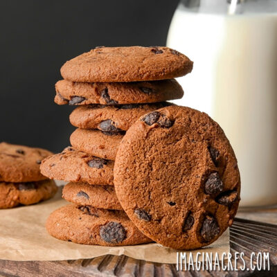 stack of mocha chocolate chunk cookies and bottle of milk