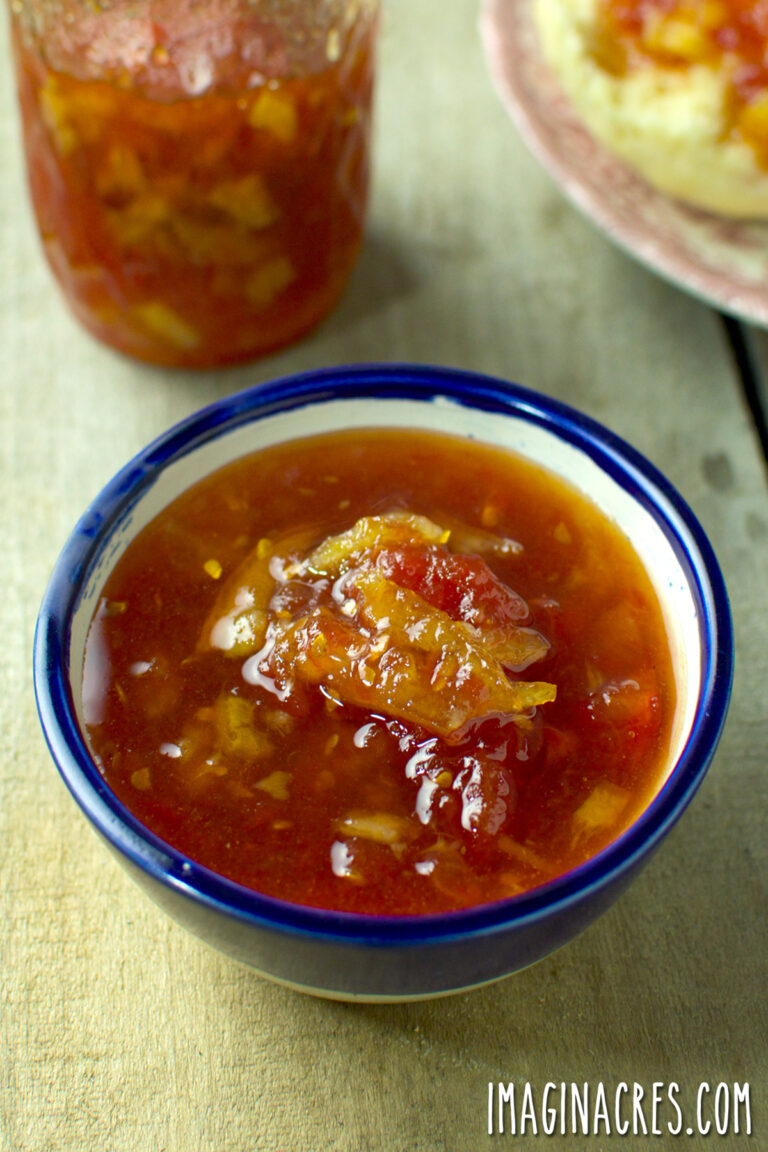 Close up of a bowl of tomato preserves on a table.