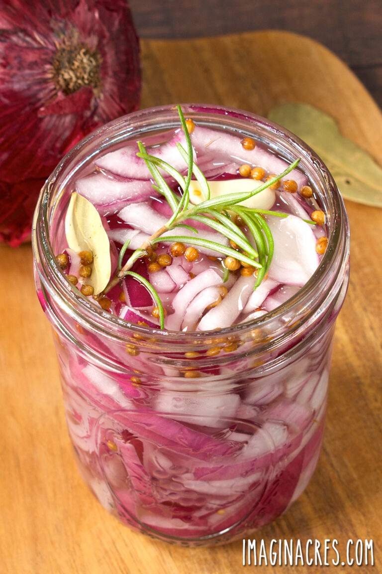 A close up over view of a jar of pickled red onions on a table.
