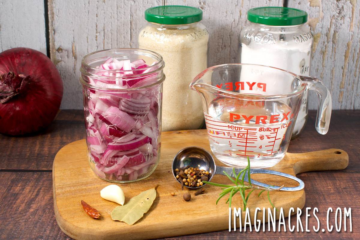 Ingredients for making quick pickled red onions.