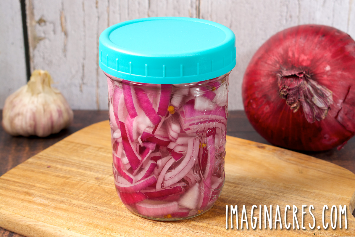 A pint jar of pickled red onions ready for the refrigerator.