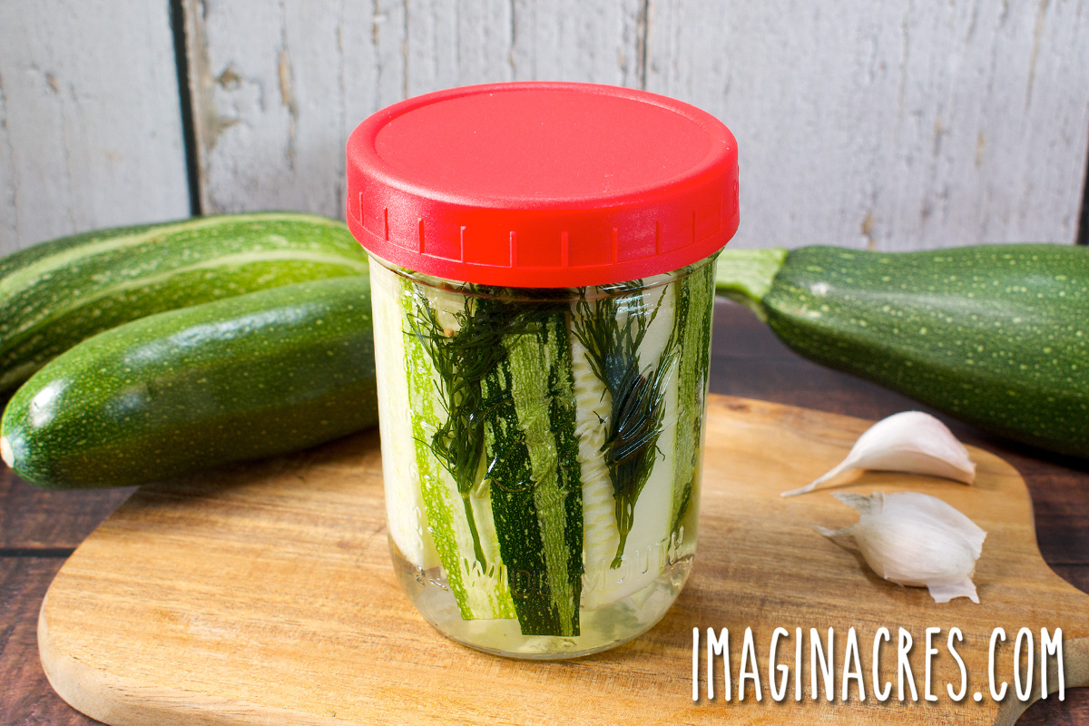 A covered jar of zucchini pickle spears ready for the refrigerator.
