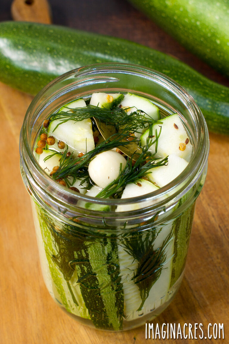 An open jar of zucchini pickle spears with dill, garlic, and spices on a table.