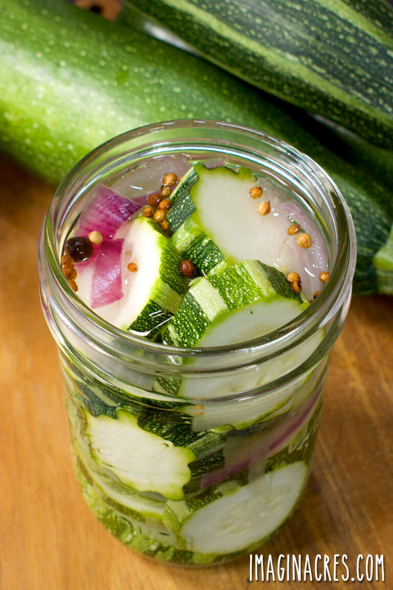 Close up of a jar of bread and butter zucchini pickles.