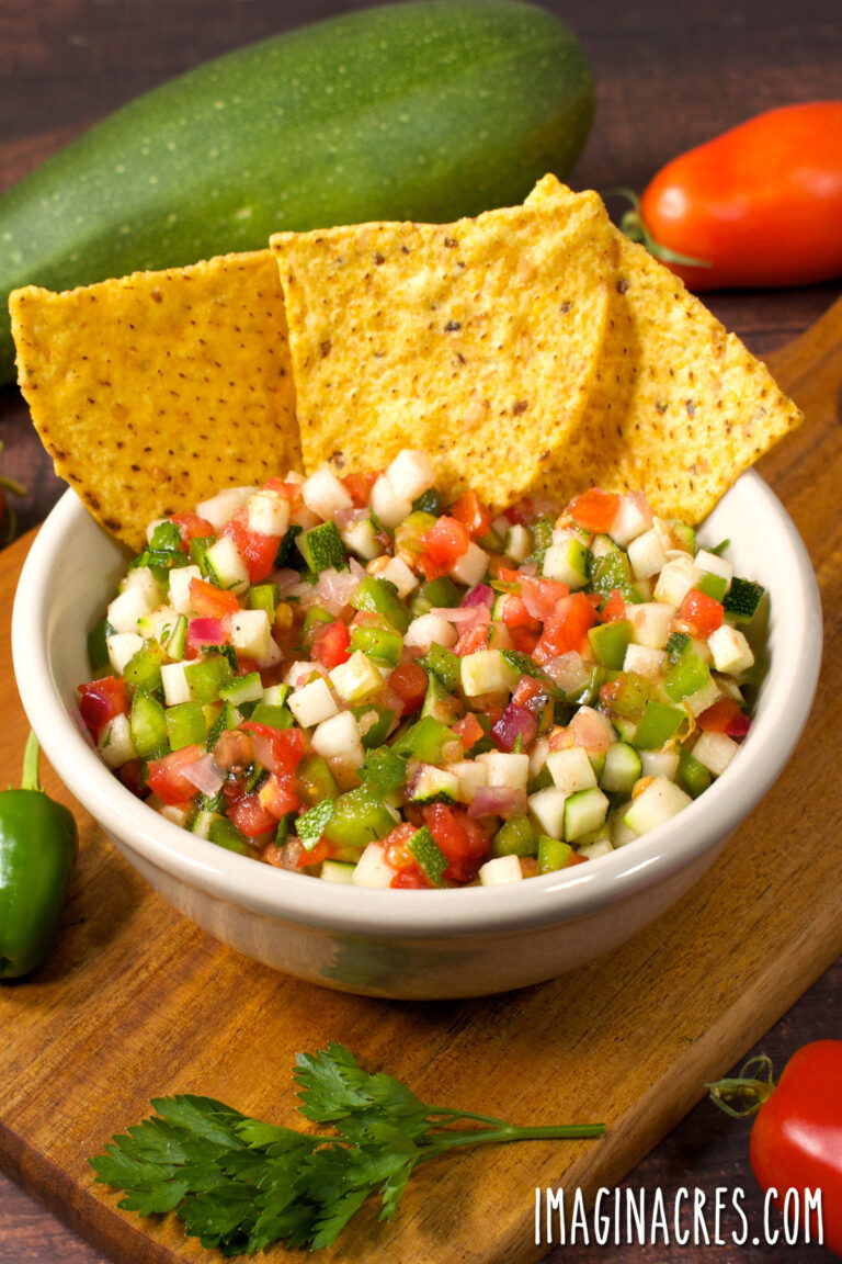 A blow of garden fresh zucchini salsa with chips on a table.